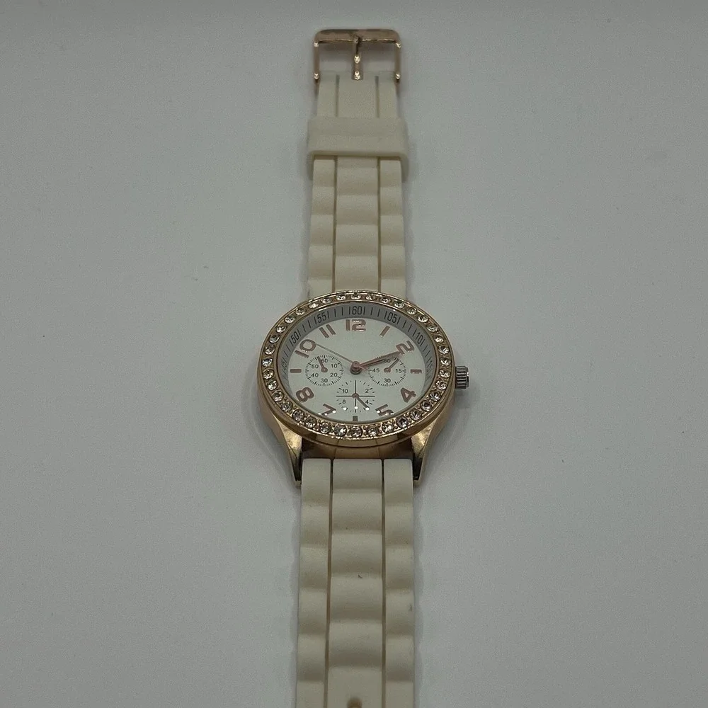 Ladies Trendy Round Rose Gold Tone Bezel‎ White Dial Poly Band Analog Watch J6